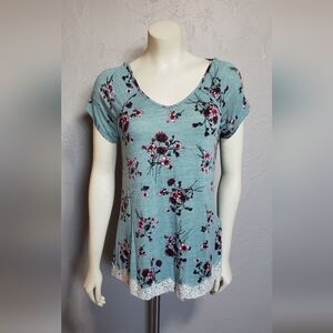 Floral Lace Trim Top - Green and Pink